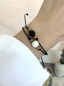 2入組黑白熔岩石和2入組編織紙卡可調節情侶手鍊套裝,配圓珠 - 彩色 - 查看 2