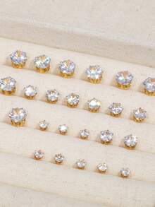 24 Pairs/Set Simple Rhinestone Stud Earrings For Women, Perfect Gift Set For Date Or Vacation (No Box Included) - Yellow Gold - View 2