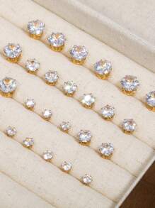 24 Pairs/Set Simple Rhinestone Stud Earrings For Women, Perfect Gift Set For Date Or Vacation (No Box Included) - Yellow Gold - View 1
