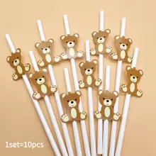 10/20pcs Daisy Flower Paper Straws Disposable Tableware For Birthday Dessert Party Decoration Straws, Kitchen, Christmas Gift,School Supplies - Bear - View 1