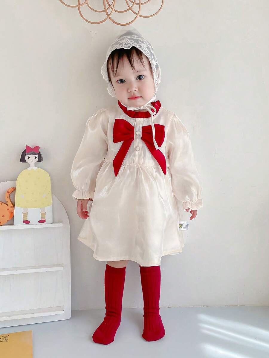 Peninsula Baby Baby Girl Bowknot Decorated Flare Sleeve Dress - Apricot - View 1