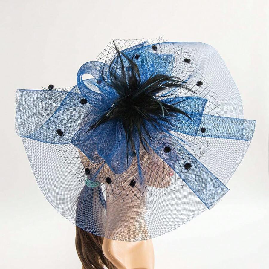 優雅復古風蕾絲頭飾帶有網紗面紗,羽毛,網紗,毛球和花卉細節,適用於婚禮和派對 ,新年頭飾 - 藏蓝色 - 查看 1