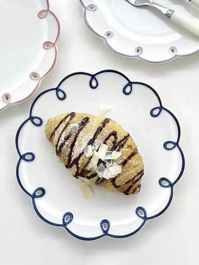 1pc White Ceramic Plate With Blue Edge, Ins Style Glazed Retro Wave Pattern Plate, Cake Plate, Household Ceramic Tableware, Fruit Plate, Breakfast Plate, Steak Plate, Bread Plate Christmas Gift