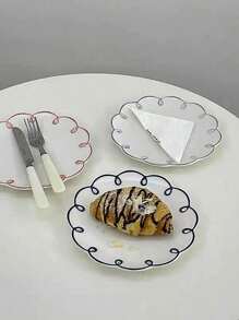 1pc 白色蓝边陶瓷盘 Ins 风格釉面复古波浪纹盘子 蛋糕盘 家用陶瓷餐具 水果盘 早餐盘 牛排盘 面包盘 圣诞礼物 - 一個白色藍邊盤子 - 查看 5