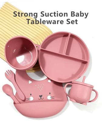 6入組嬰兒餵食套裝,吸盤碗、矽膠匙、帶扣式防水圍兜、防漏學習杯帶手柄和吸管、易清洗矽膠匙。適合日常使用(多種顏色可選)