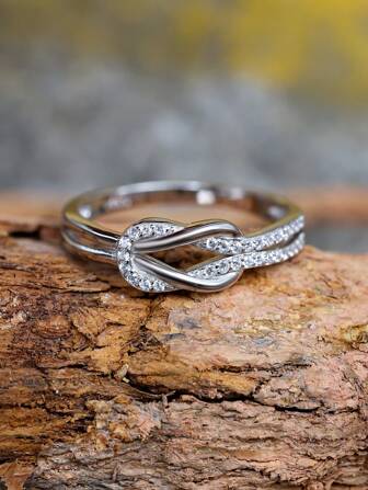 1 件獨特純銀打結白鑽戒指,女士訂婚/婚禮/週年紀念禮物
