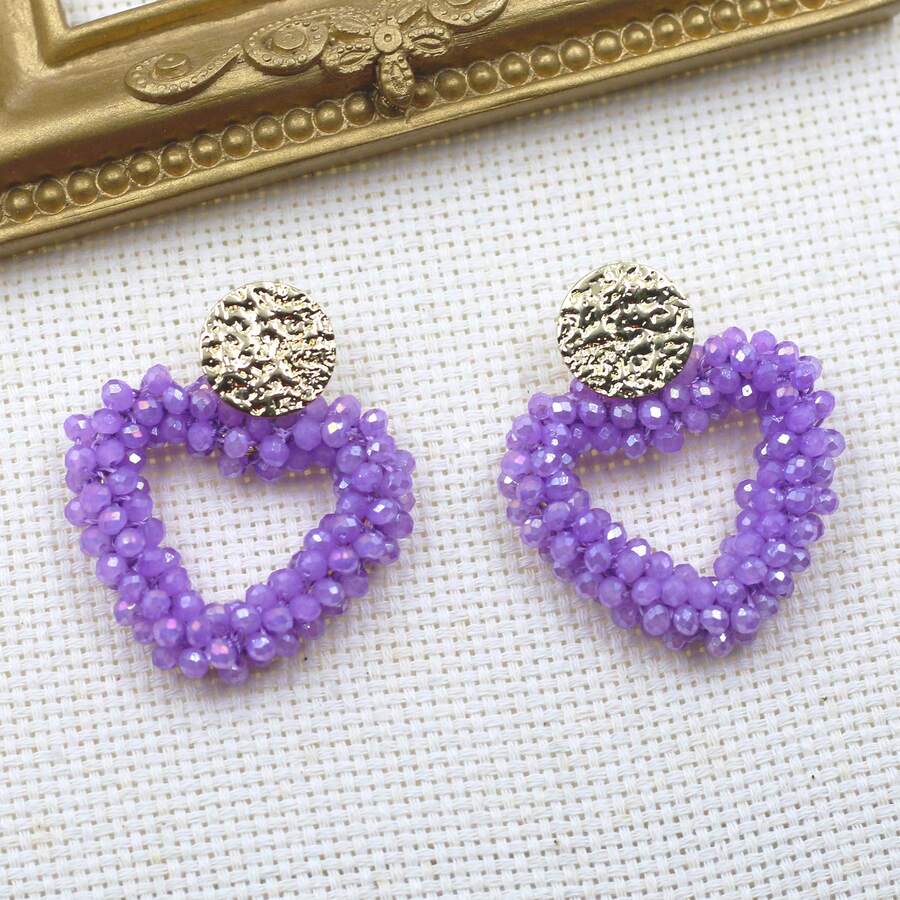 1 對時尚波西米亞風格心形設計米珠和串珠編織元素耳環,適合日常佩戴和情人節 - 愛心 - 查看 1