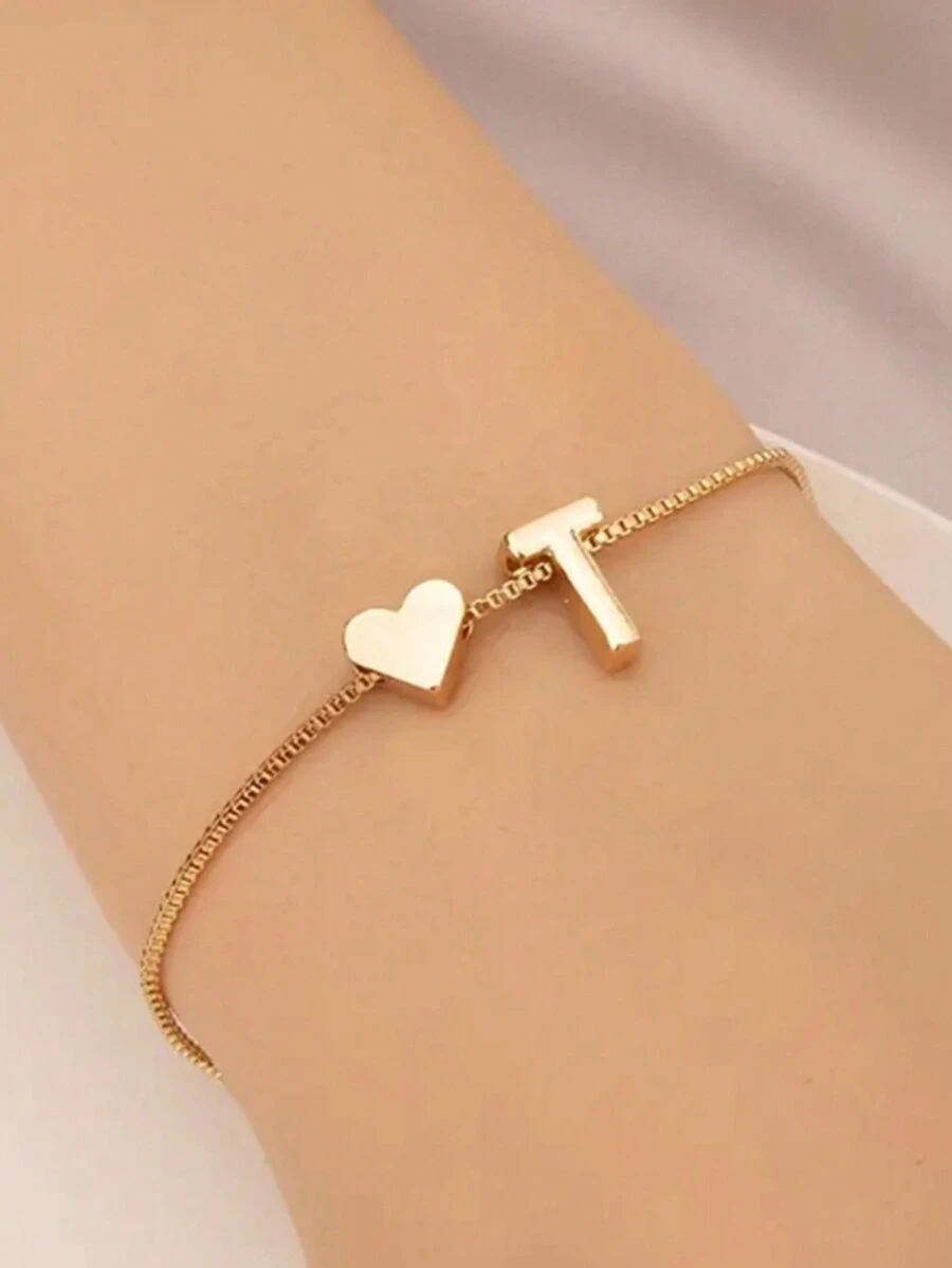 1條迷你愛心字母珠串薄鏈手鍊,簡約極簡手鏈珠寶 - T - 查看 1