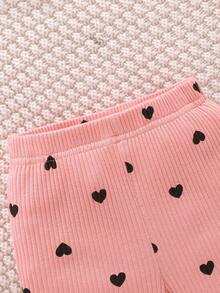 2 件套女婴休闲可爱心形图案罗纹荷叶边圆领长袖上衣和裤子套装，春/秋 - 粉色 - 查看 7