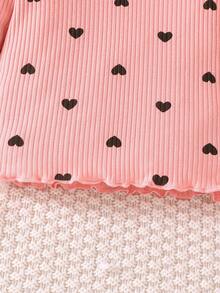 2 件套女婴休闲可爱心形图案罗纹荷叶边圆领长袖上衣和裤子套装，春/秋 - 粉色 - 查看 6