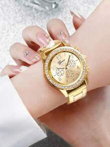 1pc Ladies Watch Gold Watch Rhinestone Decor Quartz Watch & 4pcs Bracelet Holiday - Gold - View 2