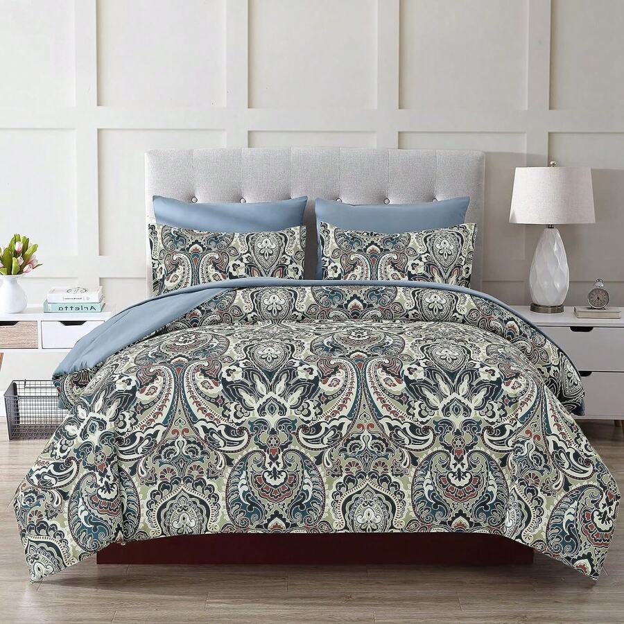 7 Pieces Paisley Comforter Set Queen King Bed In A Bag Comforter, Blue Boho Paisley Pattern Bedding Soft Microfiber Queen Size Comforter With Sheet & Pillowcase,Wedding Items,Valentines Day Home Bed Room Decor,Easter Gifts,All Season - 藍色2 - 查看 1