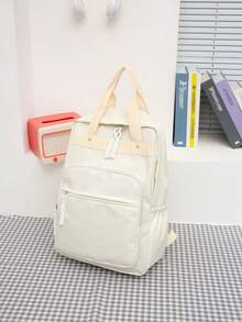 1 Pc Fashion Large Capacity Solid Color Foldable Casual Nylon Multi Pocket Zipper Style Adjustable Shoulder Strap Universal Backpack For Boys And Girls Suitable For Children Suitable For School Suitable For Travel Suitable For Daily Outgoing Suitable For Gifts To Children - Beige - View 8