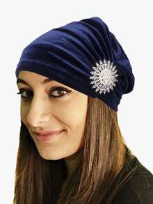 1頂女士實色頭巾帶珠寶蝴蝶結 - 藏蓝色 - 查看 2