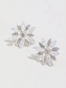 2入組女士銀色向日葵形合金和鑲嵌鑽石裝飾耳釘,適用於婚禮 - 銀色 - 查看 2