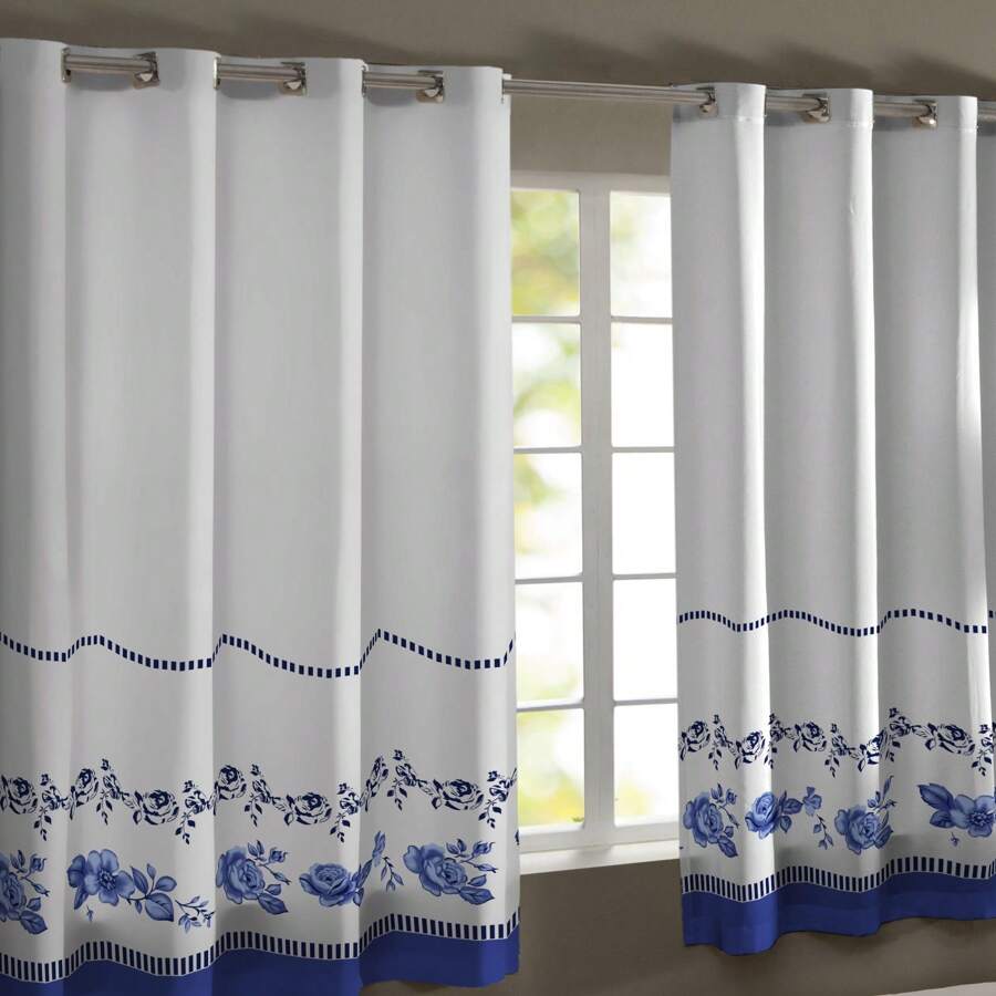 Cortina Para Cozinha em Linho 2,00 x 1,30 - Flor Azul - Visão 1