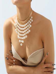 1pc Vintage Pearl Chain Tassel Necklace, Multi-Layer Pearl Collarbone Chain Sweater Chain For Valentine's Day - Gold - View 3