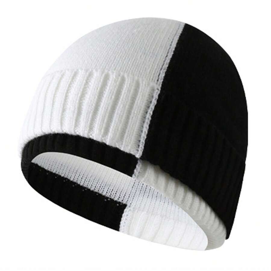 男女皆適用的針織帽子,暖和厚重的雙層針織帽,耳朵保護冬帽,配色設計 - 黑與白 - 查看 1