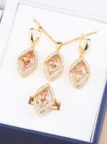 杜拜阿拉伯豪華優質婚禮配件18k金色珠寶女士項鍊和耳環新娘套裝可調節戒指尺寸,時尚女裝情人節禮物 - 不規則 - 查看 12