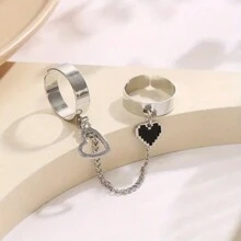 suteyi 1pc Girl's Punk Double Ring Heart Shape Chained Ring, Opening Adjustable Ring For Girls Festival Christmas Jewelry Gift - Silver - View 5