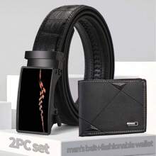 2入組男士腰帶+錢包套裝新鱷魚黑色商務時尚休閒黑色配件pu自動扣牛仔多功能腰帶,適合爸爸、男友、兄弟、丈夫聖誕禮物,青少年生日腰帶 - 黑色 - 查看 7