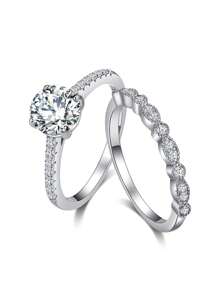1pair Classic 925 Sterling Silver White Cubic Zirconia Patterned Wedding Ring Set For Women, Engagement, Anniversary & Bridal Gift - Silver - View 1