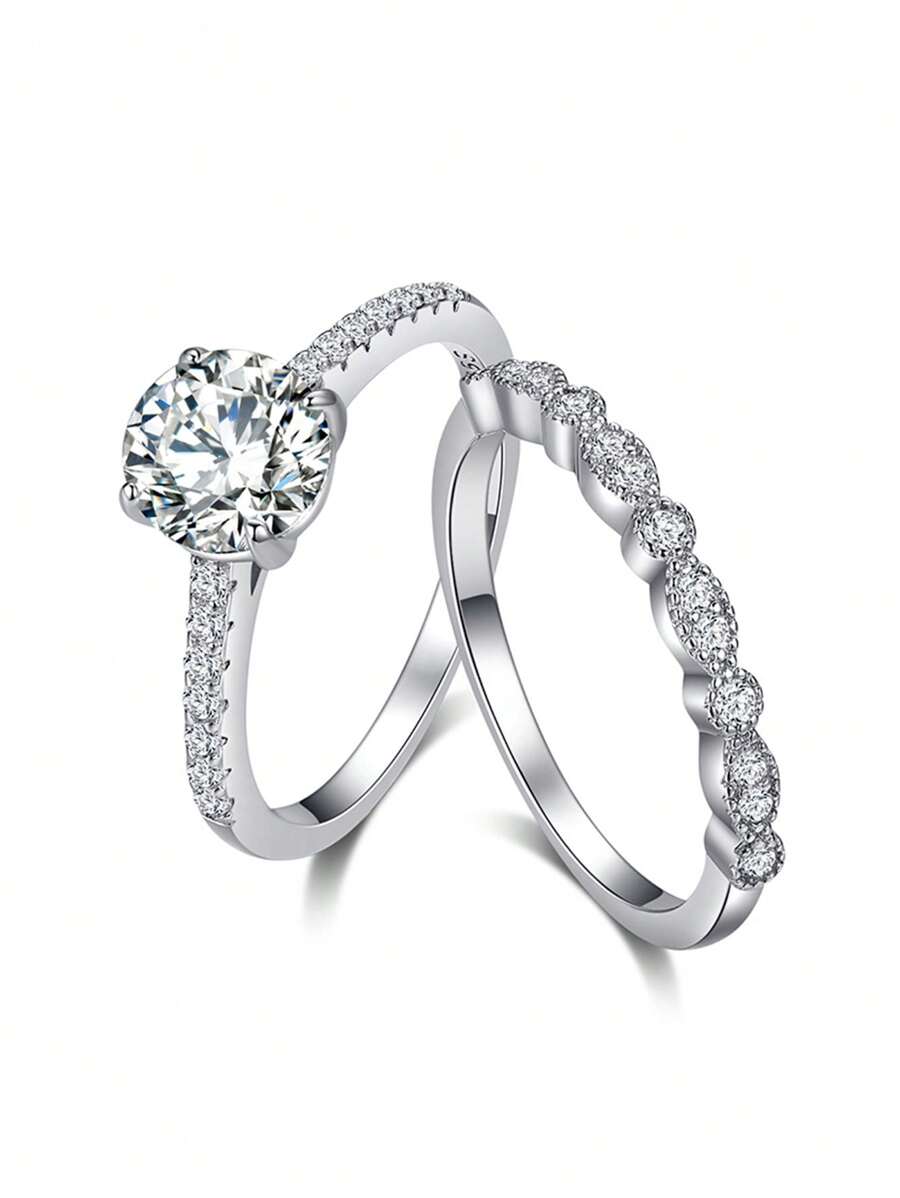 1pair Classic 925 Sterling Silver White Cubic Zirconia Patterned Wedding Ring Set For Women, Engagement, Anniversary & Bridal Gift - Silver - View 1