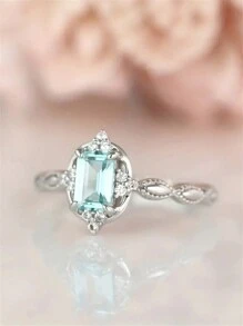 1枚女孩優雅藍色立方氧化鋯戒指,適用於兒童生日禮物、派對珠寶及日常裝飾 - 銀色 - 查看 2