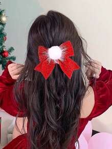 2入組紅色天鵝絨髮箍,帶軟毛球。優雅的髮夾,新年頭髮小夾禮物,女孩的髮箍,在女性頭髮配件中突显魅力 - 紅色蝴蝶結帶絨球 - 查看 4