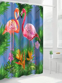1pc Creative Flamingo Print Shower Curtain Hooks, Bathtub Divider Curtain, Bathroom Accessory, Bathroom Decor, Water Resistant Shower Curtain - Multicolor - View 3