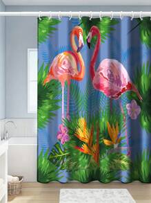 1pc Creative Flamingo Print Shower Curtain Hooks, Bathtub Divider Curtain, Bathroom Accessory, Bathroom Decor, Water Resistant Shower Curtain - Multicolor - View 4