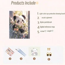 1套塗色按號套件,按號塗色動物初學者,diy按號塗色熊貓和花朵,不帶畫架家居裝飾,15.74×19.68英寸 - 無框-B - 查看 3