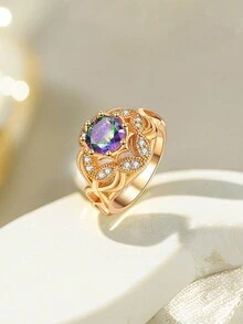 1pc Vintage Style Delicate Cubic Zirconia Ring Suitable For Women's Daily Wear - Yellow Gold - View 2