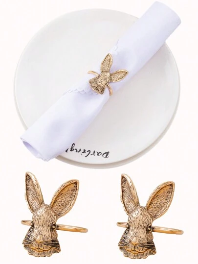 2-12pcs Golden Bunny Head Shape Napkin Rings, Easter Dining Table Decor
