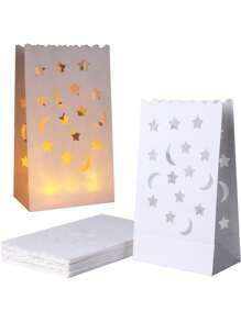 10pcs Star & Moon Pattern Paper Candle Wraps, Modern Hollow Out Family Candle Bag - White - View 1