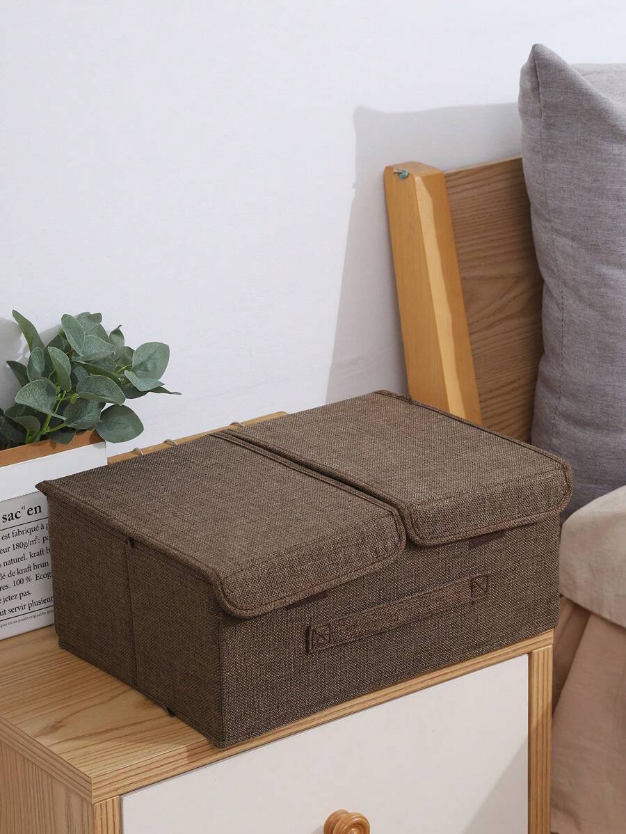 1個/件可摺疊且可水洗的純色雙重網格雙重蓋收納盒 - 咖啡棕 - 查看 1