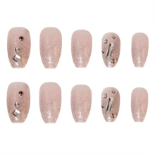 1盒24入明亮假指甲,壓合式全指甲覆蓋,閃亮法式人造指甲,帶有寶石鑲嵌亮片丙烯酸假指甲,適用於女性/女孩 - 粉色 - 查看 4