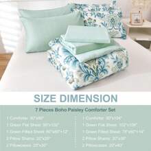 7 Pieces Paisley Comforter Set Queen King Bed In A Bag Comforter, Brown/Blue/Green/Pink Boho Pattern Soft And Comfortable Summer Bedding Set Bed In A Bag For All Seasons, Includes Comforter, Flat Sheet, Fitted Sheet, Pillowcases, Ideal Gift. - 綠色 - 查看 4