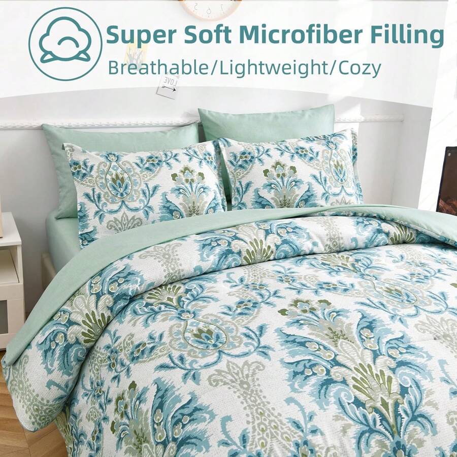 7 Pieces Paisley Comforter Set Queen King Bed In A Bag Comforter, Brown/Blue/Green/Pink Boho Pattern Soft And Comfortable Summer Bedding Set Bed In A Bag For All Seasons, Includes Comforter, Flat Sheet, Fitted Sheet, Pillowcases, Ideal Gift. - 綠色 - 查看 1