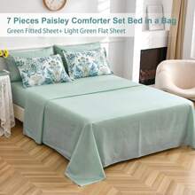 7 Pieces Paisley Comforter Set Queen King Bed In A Bag Comforter, Brown/Blue/Green/Pink Boho Pattern Soft And Comfortable Summer Bedding Set Bed In A Bag For All Seasons, Includes Comforter, Flat Sheet, Fitted Sheet, Pillowcases, Ideal Gift. - 綠色 - 查看 3