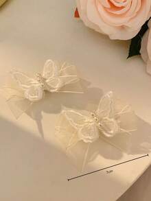 2pcs Children's White Mesh Ribbon Bow Hair Clip, Girls' Small Mori Style Fairy Bow Side Braid Snap Hair Clip, Best Gift - Multicolor - View 2