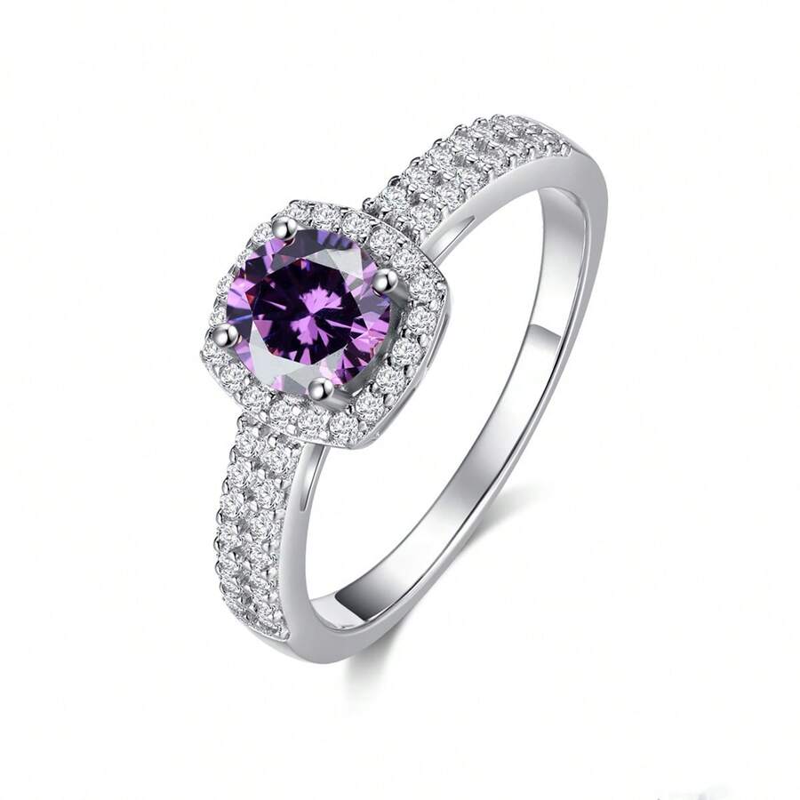 1pc Luxurious Sterling Silver Round Amethyst Ring For Women, Dating/engagement/wedding/birthday/anniversary Gift - Purple - View 1