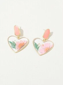 Dry Flower Heart Shape Design Fashionable Drop Earrings - Pink - View 2