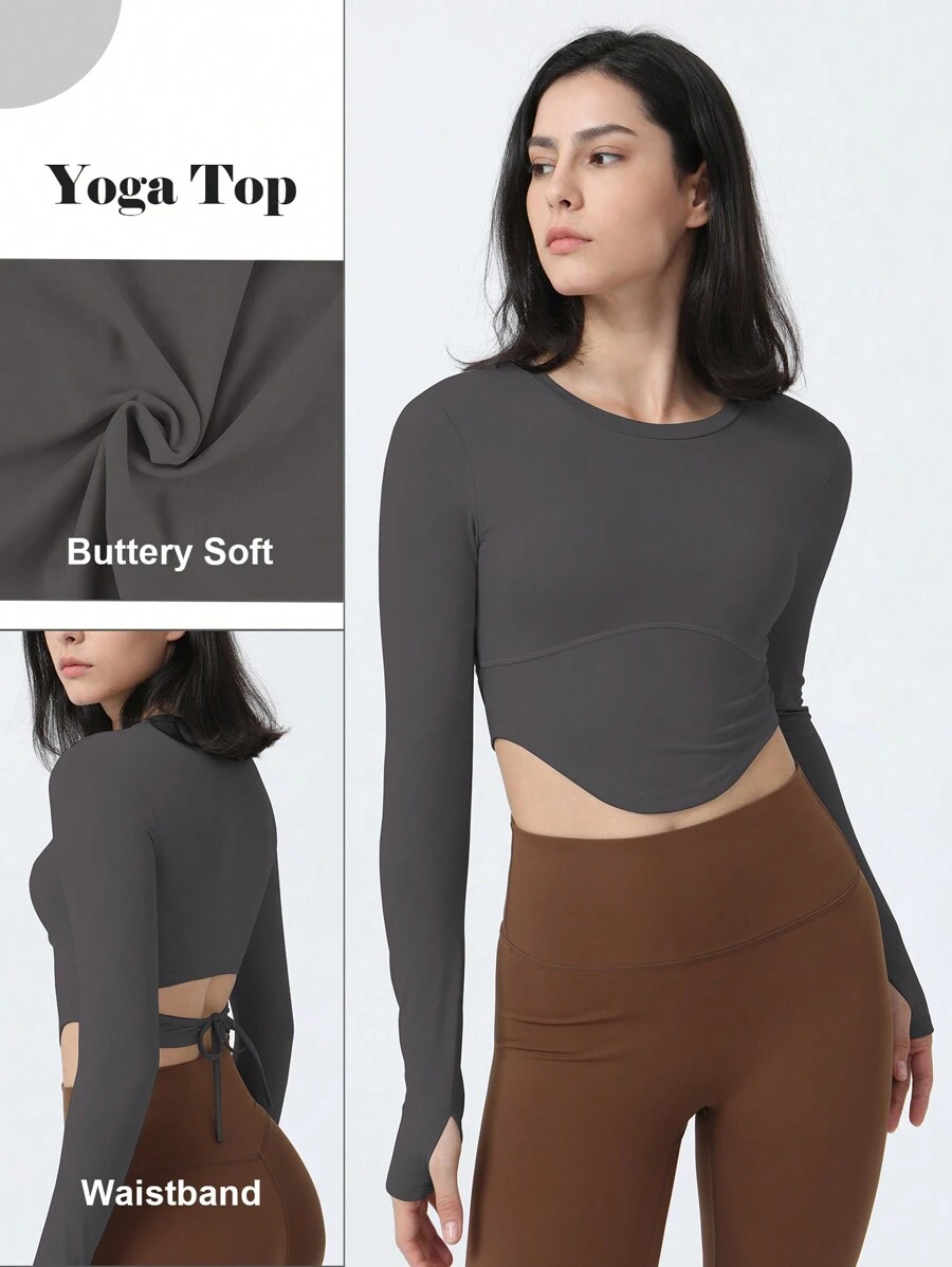 Của phụ nữ Top Cây trồng Với Trở lại Dây đeo , Thon gọn Tay áo dài Yoga Tập thể dục Áo thun - Màu xám đen - Xem 1