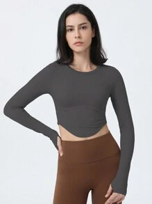 Của phụ nữ Top Cây trồng Với Trở lại Dây đeo , Thon gọn Tay áo dài Yoga Tập thể dục Áo thun - Màu xám đen - Xem 5