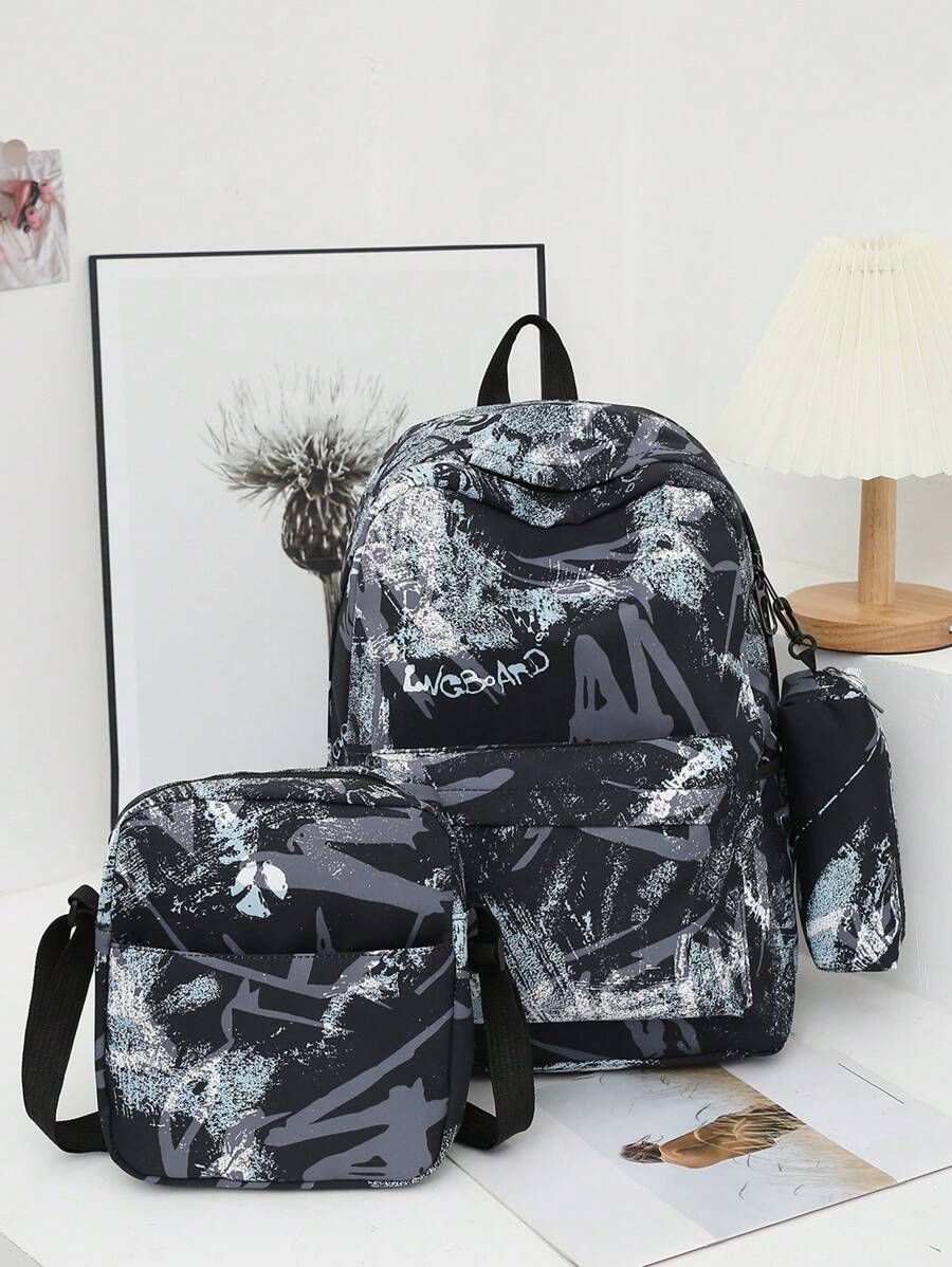 Three Pieces Set Backpack With Lunch Box & Pencil Case, Dirt Resistant Ultra Lightweight Large Capacity Backpack For Teen Boys, Backpack Set,Travel Junior High School Campus Backpack - Grey - View 1