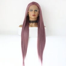 新款角色扮演合成蕾丝前假发紫色长直蕾丝前假发女士 24 英寸自然发际线耐热时尚日常假发 - 紫色 - 查看 2