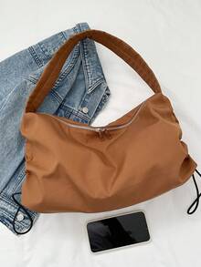 休闲纯色大容量简约女士单肩托特包时尚牛津布流行包 - 棕色 - 查看 8