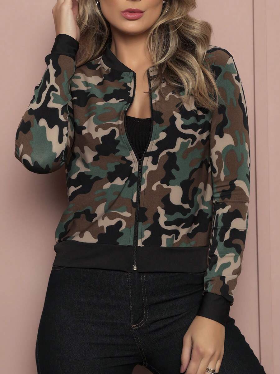 Jaqueta bomber camuflada manga longa feminina inverno exercito