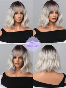 Ombre Golden Short Wavy Curly Wig With Bangs For Lolita Role Play, Pale Platinum Bobcut, Heat-Resistant Synthetic Wig, Suitable For Women's Daily And Party Wear - 彩色 - 查看 8